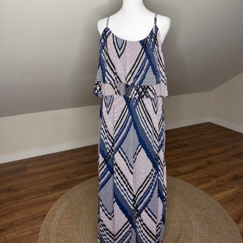 Lane Bryant Blue White Geometric Maxi Dress Size 14/16 Boho Flowy Summer